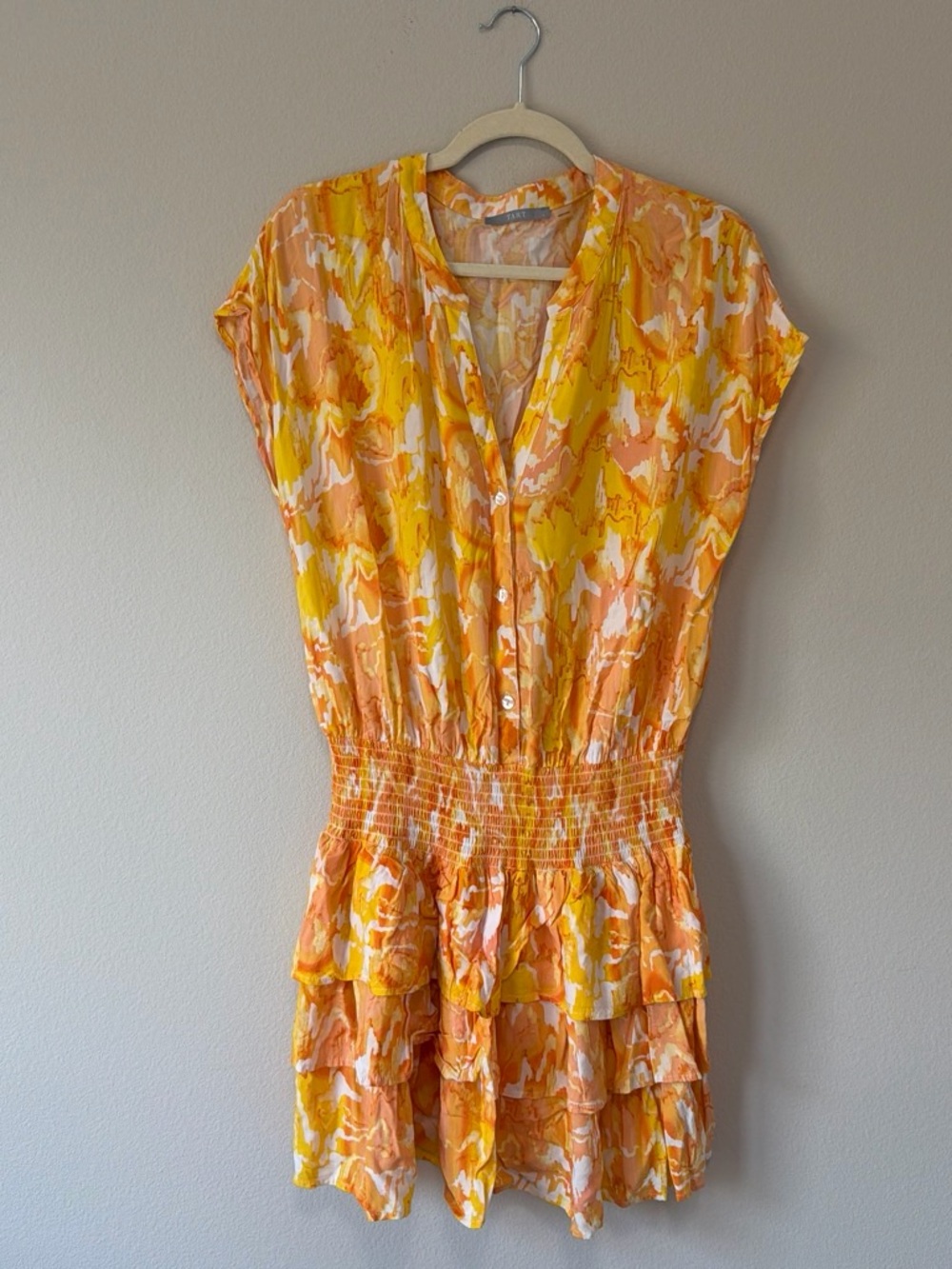 tarte Yellow and Orange Printed Short Dress with Smocked Waist
